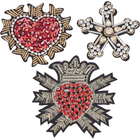 3PCS Sewing Applique Badges Patches Woven Fabric Rhinestone Heart & Star & Heart with Ornament Accessories for DIY Clothes Scrapbooking Handbag Pants Shoes Jeans Clothing Decoration