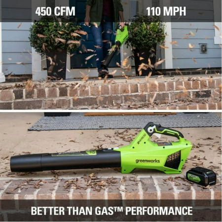 Greenworks - 24-Volt 110 MPH 450 CFM Cordless Handheld Blower (1 x 4.0Ah Battery and 1 x  Charger) - Black/Green