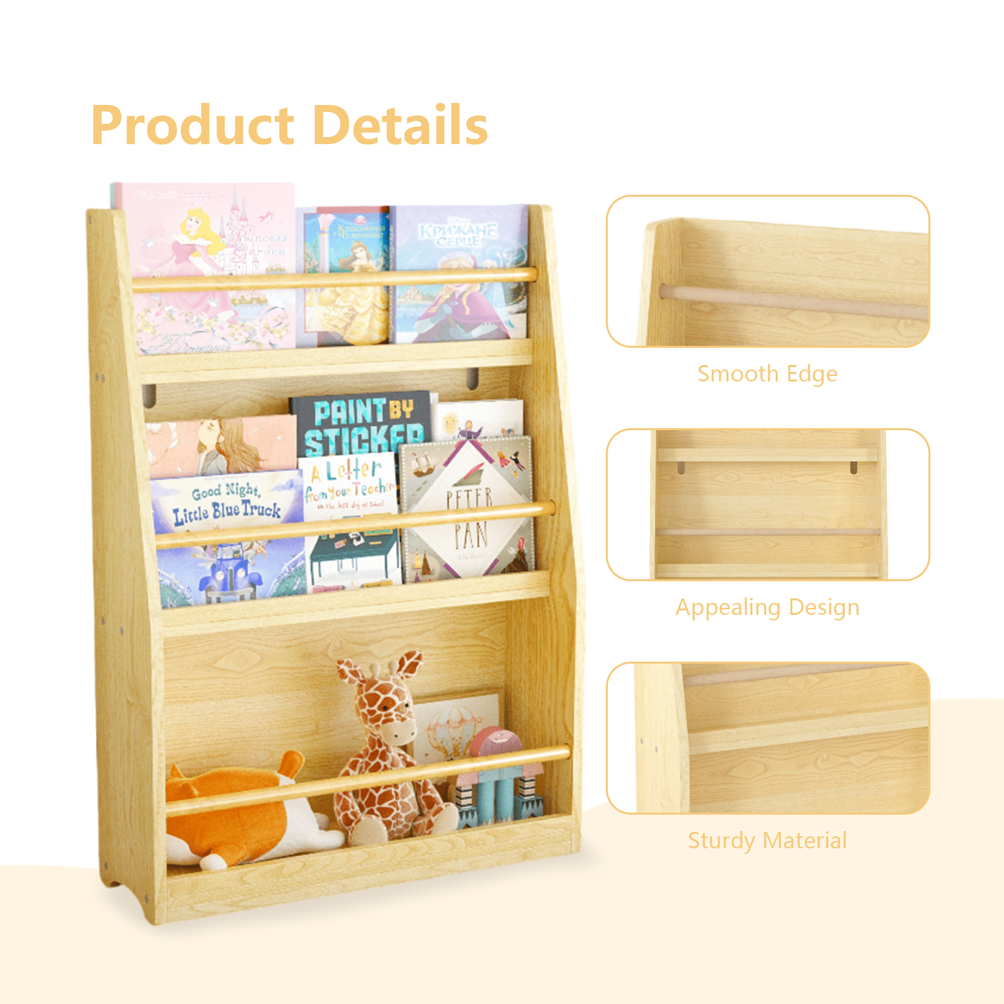 Jopath 3-Tier Bookshelf,Kids Bookshelf,Book Storage Rack for Bedroom,Natural