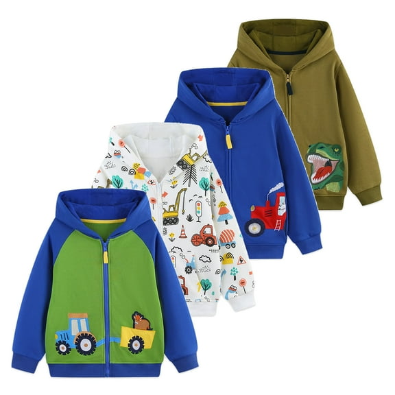 Emy Dola 2-7 Years Boys Casual Zipper Hoodie Jacket Toddler Boy's Dinosaur Truck Prints Long Sleeve Sweatshirt Tops Kids Fall Winter Coats