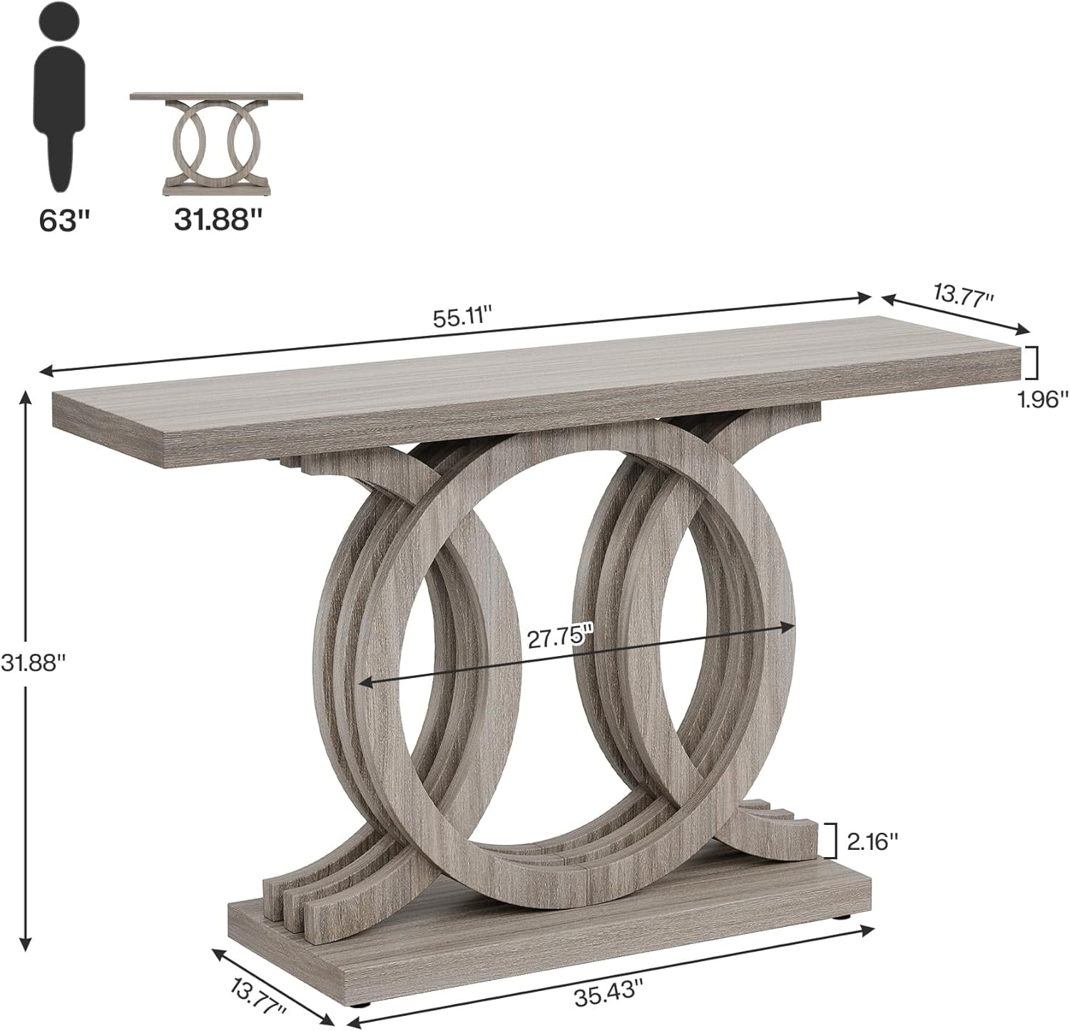 Finmind 55" Console Table with Geometric Wood Base, Modern Entryway Table, Gray
