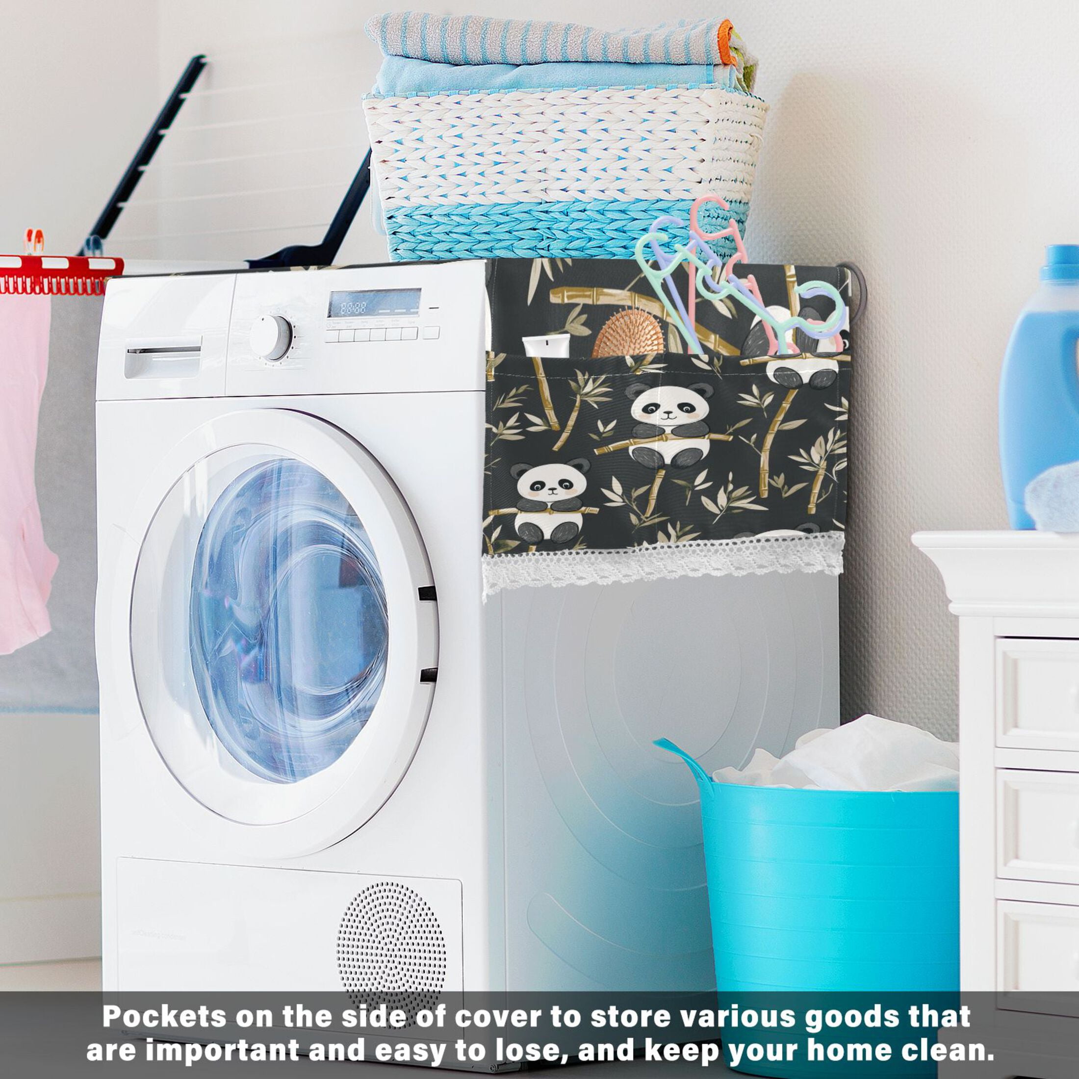 Cute PandaWasher and Dryer Covers Dust-Proof and Oil Resistant Fridge Cover with 4 Storage Pockets Washing Machine Top Cover for Laundry Kitchen Home 51.2 x 22 In