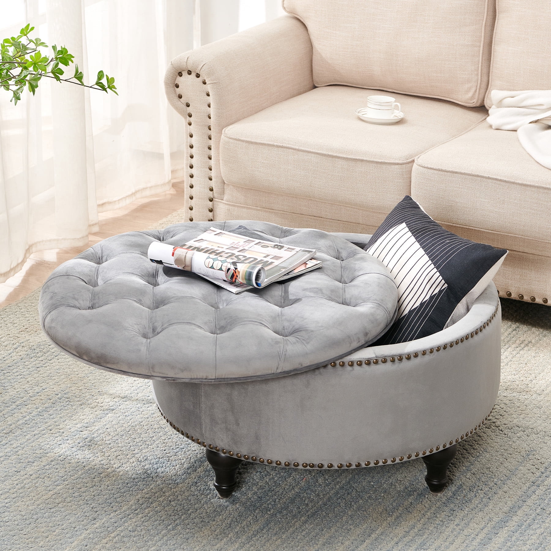 Nathaniel Home, 30" Round Storage Ottoman Footstool with Removable Lid, Button Tufted Ottoman Coffee Table with Legs, Large Ottoman with Storage for Bedroom, Gray