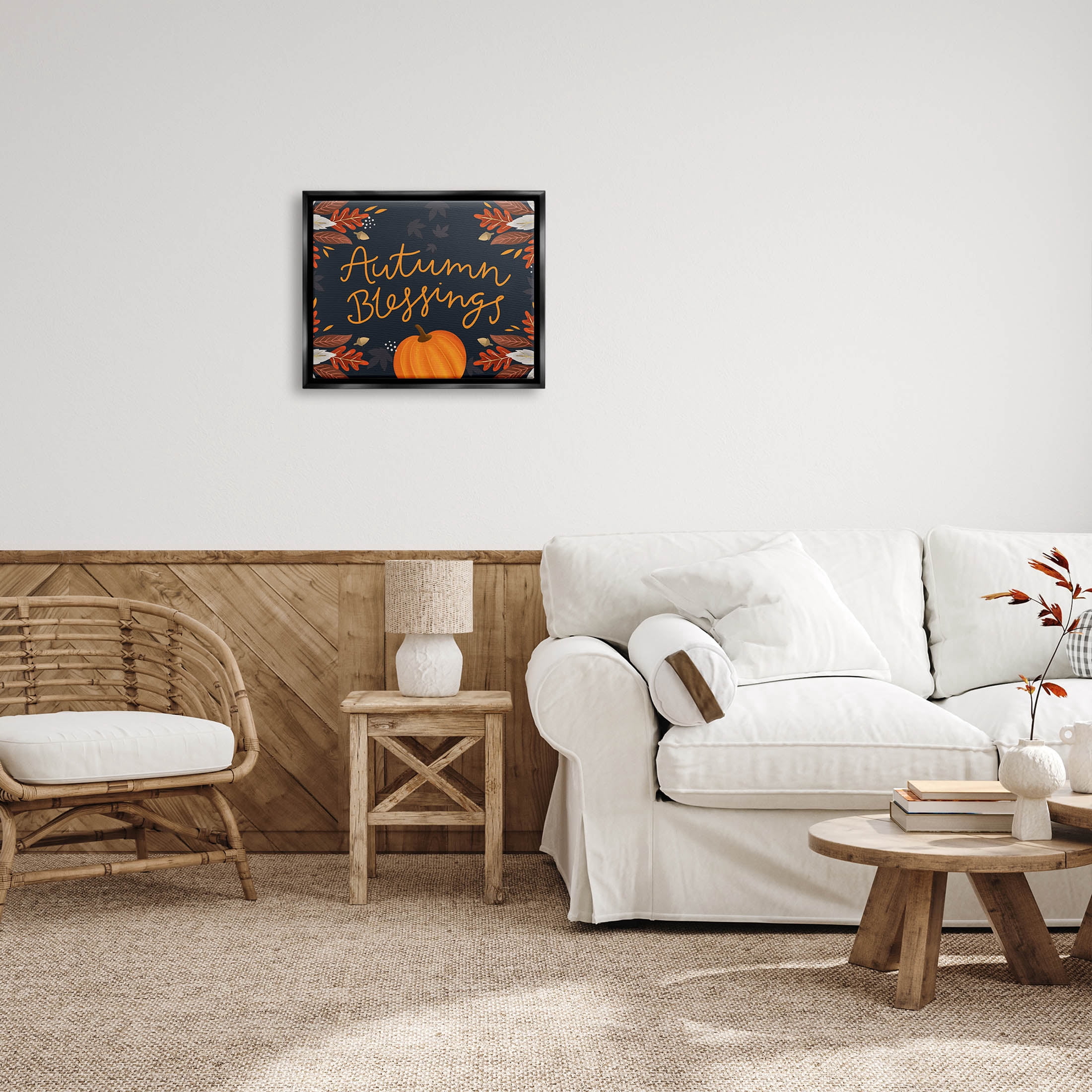 Autumn Blessings Fall Leaves Pumpkin Holiday Graphic Art Jet Black Framed Art Print Wall Art