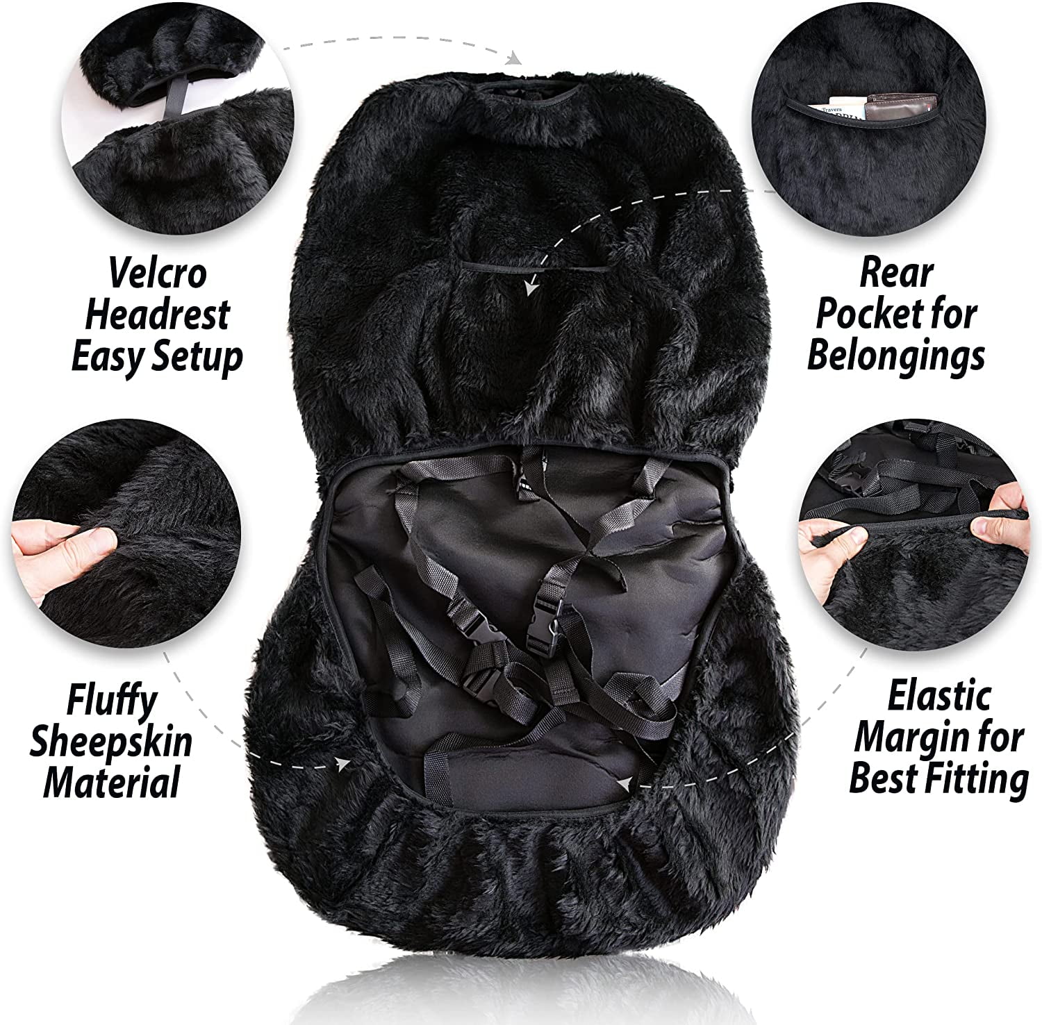 Zone Tech Genuine Sheepskin Black Car Seat Cover, Fluffy Luxury Wool Front Seat Covers, Universal Fits Car, Truck, SUV, & Van