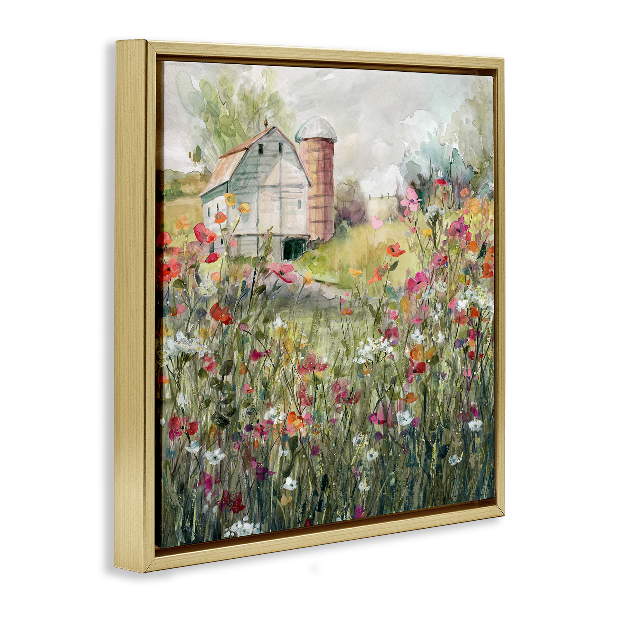 Stupell Industries Vibrant Meadow & Barn Botanical & Floral Painting Gold Floater Framed Canvas Art Print Wall Art, 18 x 18