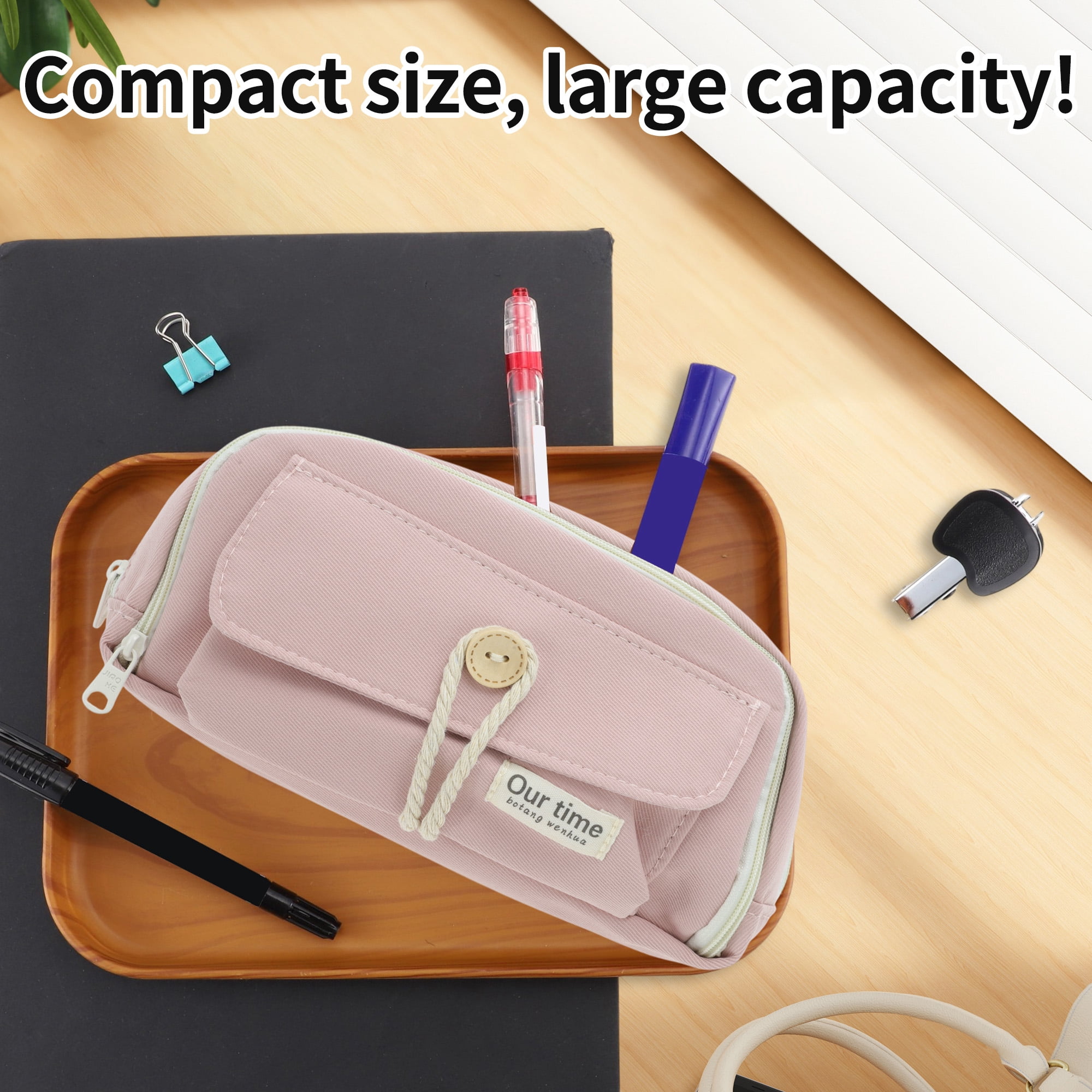 Unique Bargains Canvas Pencil Case, Large Capacity Pen Pouch, Aesthetic Organizer Pink