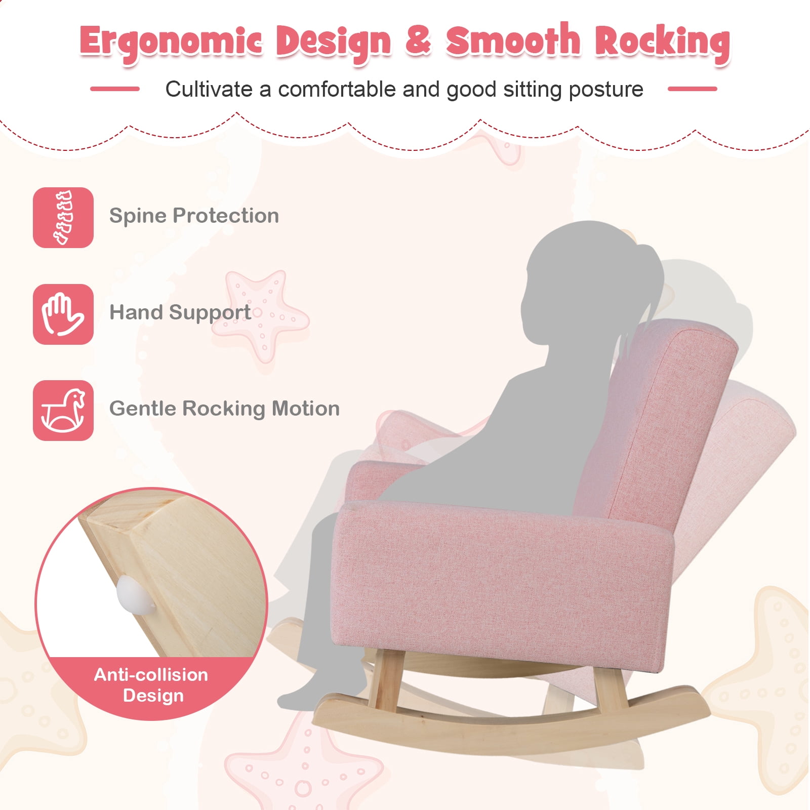 Infans Kids Rocking Chair Children Armchair Linen Upholstered Sofa w/ Solid Wood Legs
