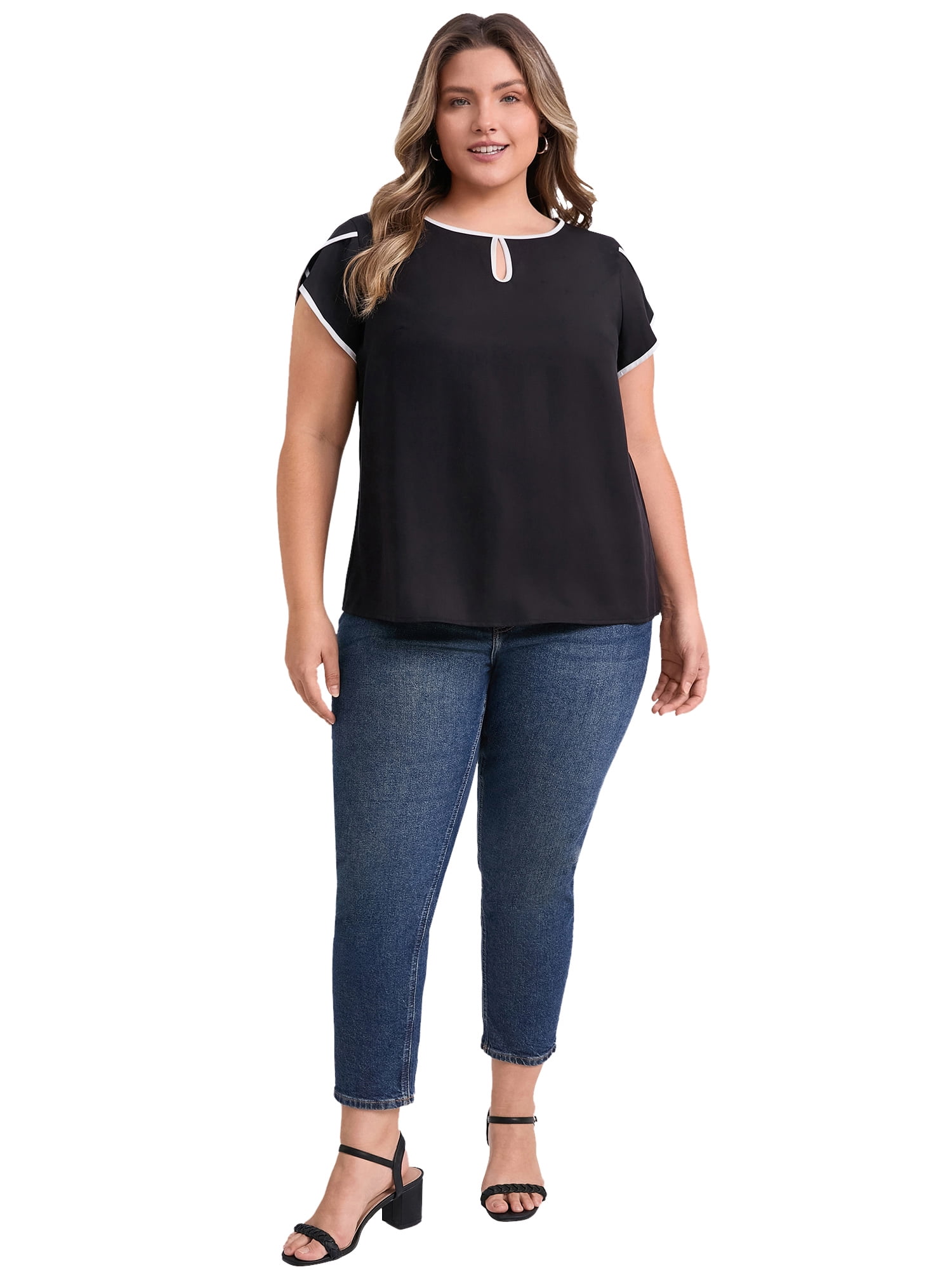 DARING DIVA Women's Plus Tops Keyhole Crew Neck Tulip Blouses 4X Black