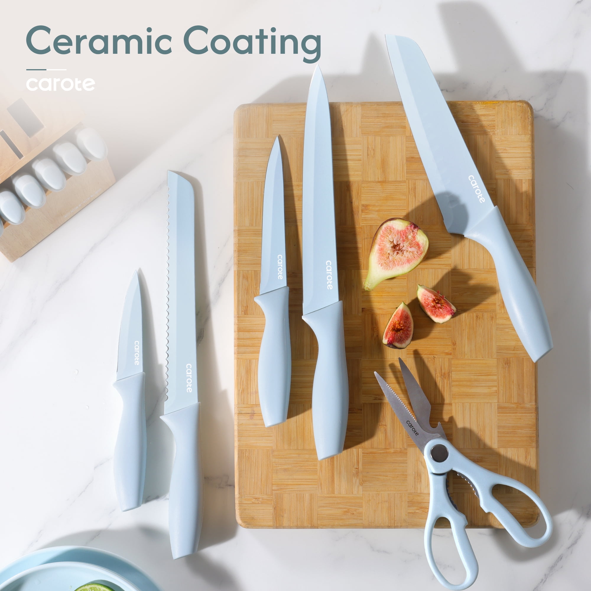 Carote 15-Piece Premium Kitchen Knife Set, Blue Ceramic-Coated Blades with Stylish Wooden Block