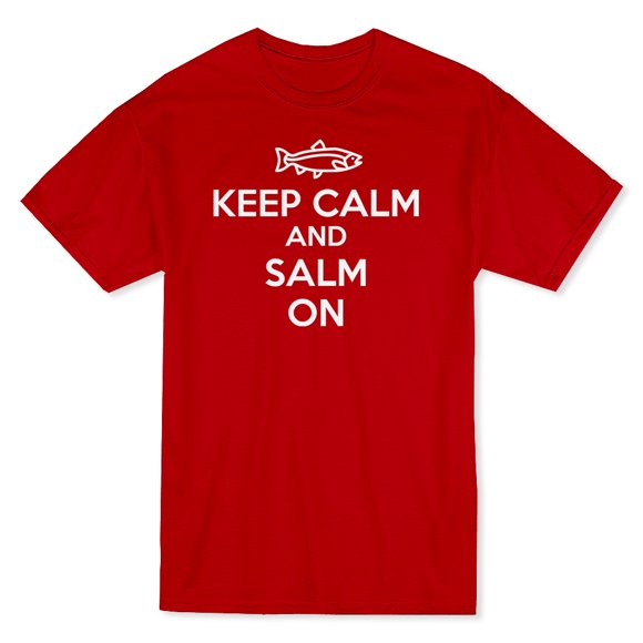 "Keep Calm And Salm On" Salmon Graphic At Center Chest Men's Red T-shirt