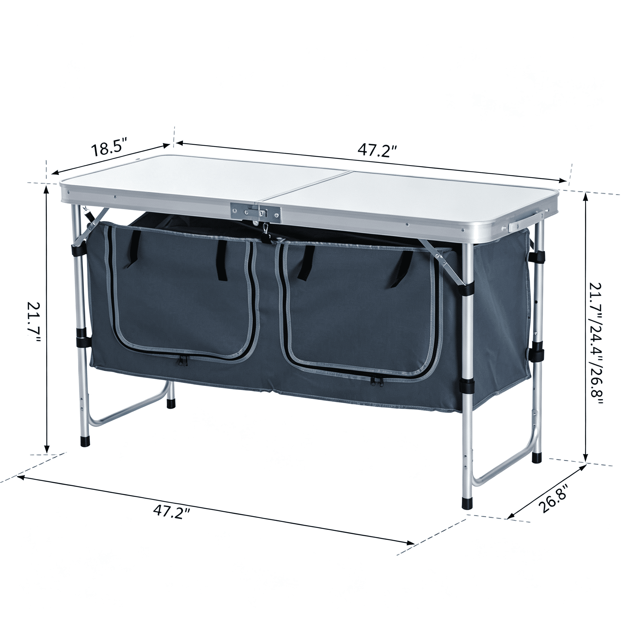 47" Aluminum Portable Camping Table, Folding Picnic Table with Handle & Storage, Silver