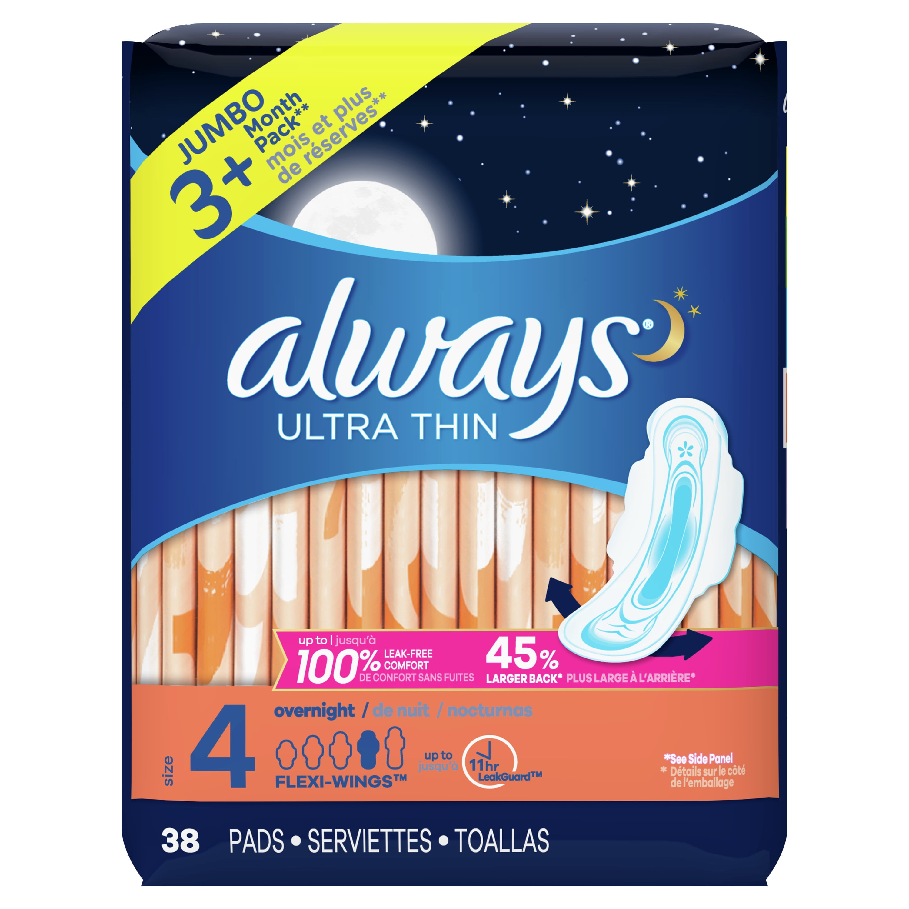 Lagere school wimper Dag Always Ultra Thin Overnight Pads with Wings, Unscented, Size 4, 38 Ct -  Walmart.com