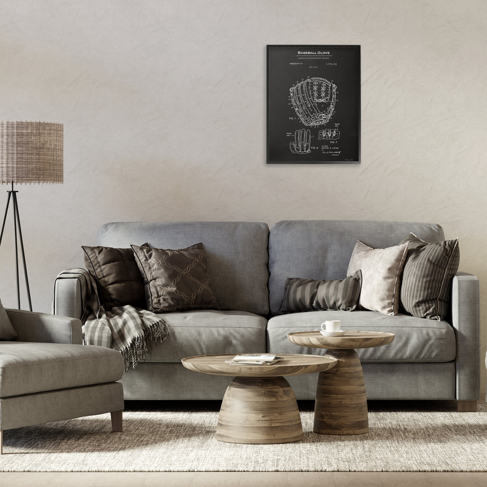 Stupell Industries Baseball Glove Blueprint Sports Painting Black Framed Art Print Wall Art, 16 x 20