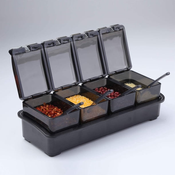 Juego de 4 cajas para condimentos, frascos para sal y especias, tarros para especias, recipientes para condimentos de cocina, tarros de almacenamiento con 4 cucharas.