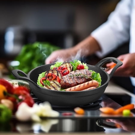 6 Sets Cast Iron Skillet with Wooden Base Small Round Fajita Plate for Cooking Party