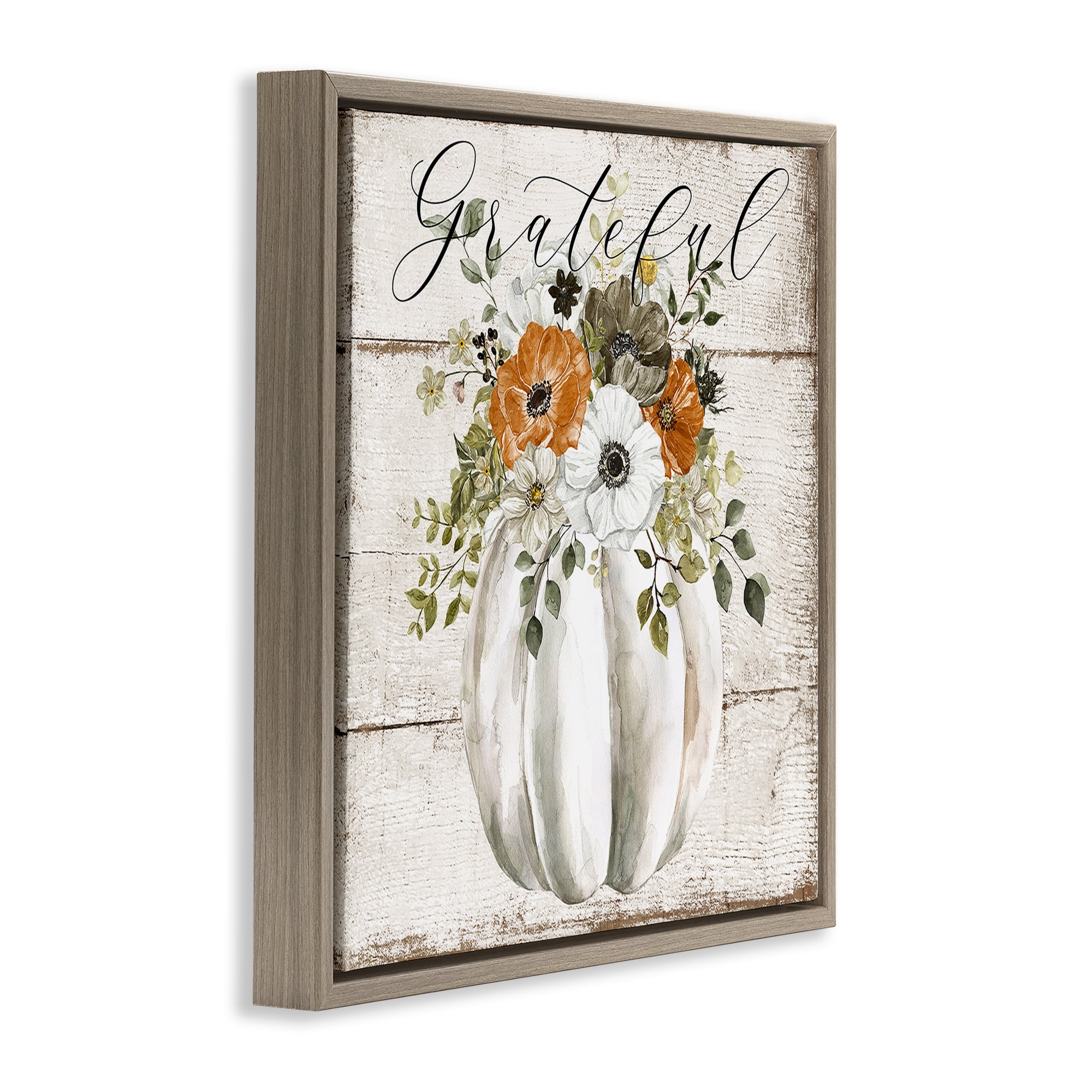 Stupell Industries Grateful Floral Pumpkin Holiday Painting Brown Floater Framed Canvas Art Prints Wall Art, 18 x 18