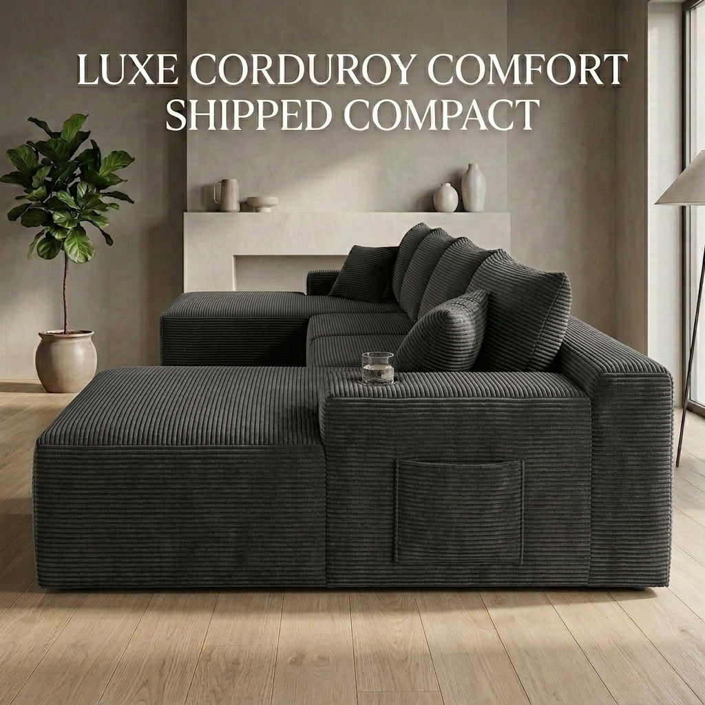 Howcool 134" Modular Cloud Couch, U-Shaped Sectional Sofa with Double Chaise, Oversized Deep Seat Boneless Corduroy Sofa with Cup Holders & Side Pockets, No Assembly Required, Grey
