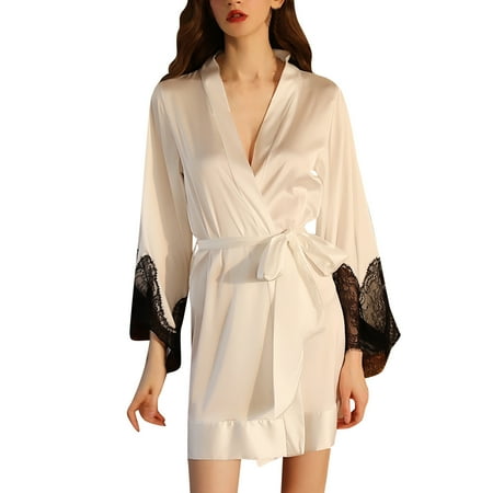 

Pianpianzi Female Robes Warm Ladies Dressing Gown 20s Beaded Headpiece Women Fashion Lace Sexy Long Sleeve Ice Silk Medium Length Bathrobe Bridesmaid Nightgown Bathrobe Sleepwear