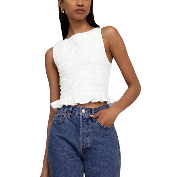 LMLYSoH Women's Solid Color Tank Tops, Fashion Sleeveless Round Neck Ruffle Hem Smocked Tops