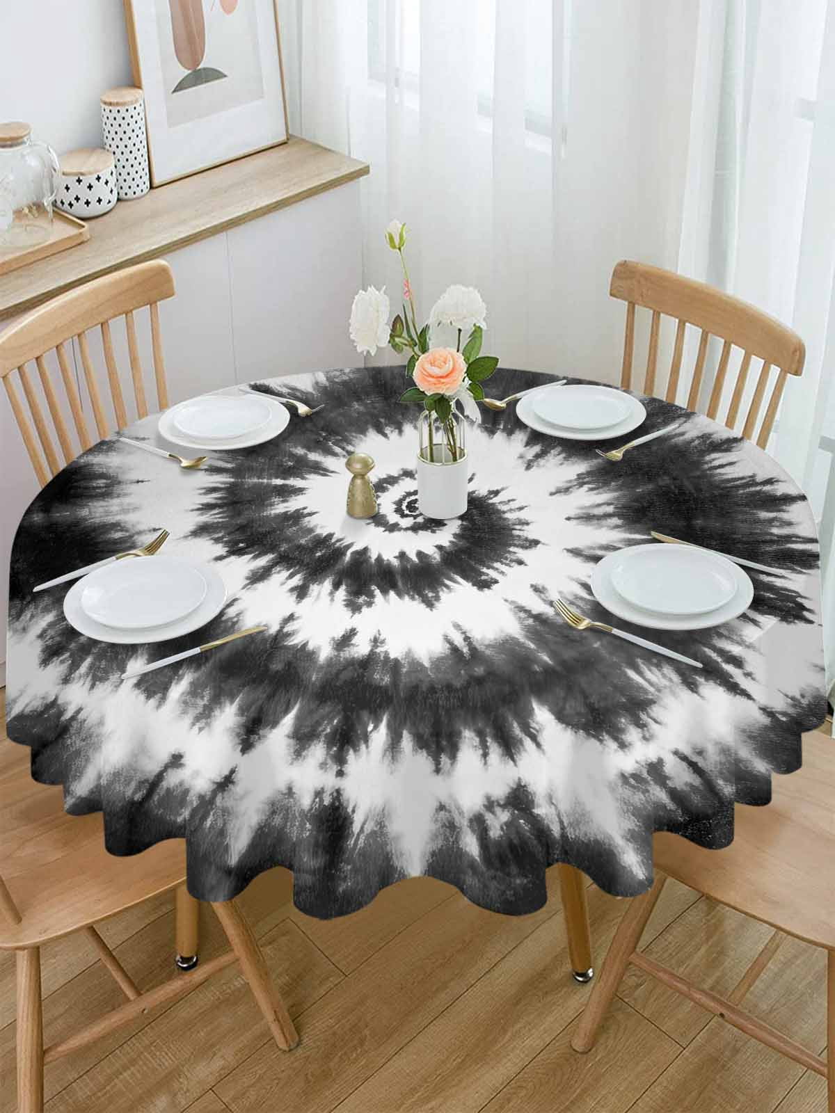 Round Tablecloth Abstract Explosion Tie Dye Waterproof Oil Proof Polyester Table Cloth Cover Decor for Home Dining Outdoor,Patio,Parties, 60" Dia. Black White