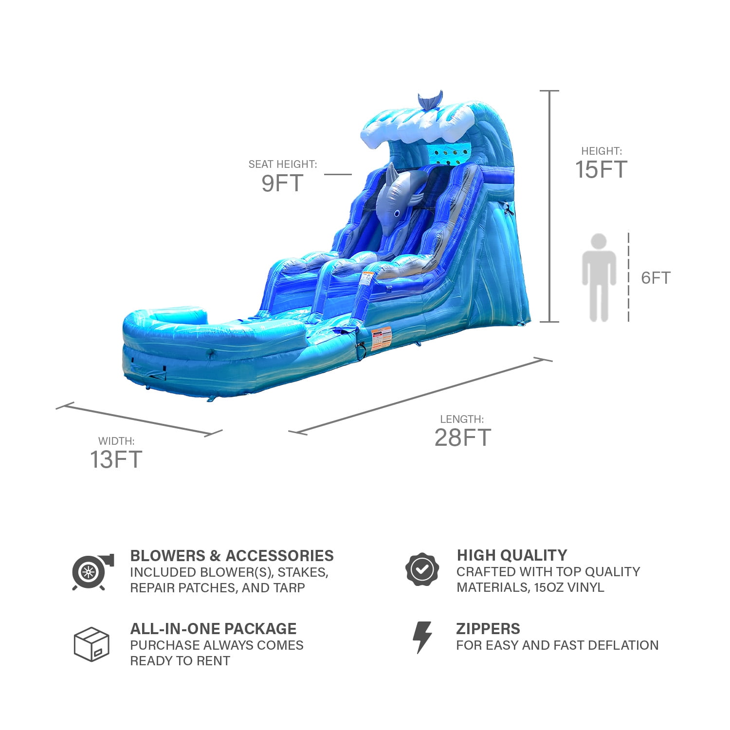 JumpOrange Outdoor Dolphins Commercial Grade Inflatable Slide with Blower Water Slide with Pool for Kids and Adults