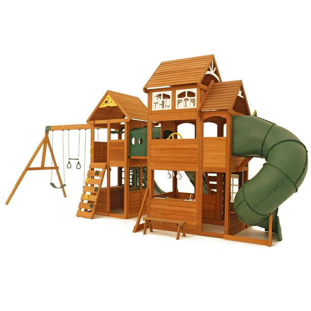 KidKraft Paramount Wooden Swing Set with Two Clubhouses