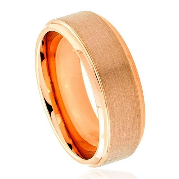 8mm Tungsten Carbide SRose Gold IP Plated Flat Brushed Center with High Polished Stepped Edge Wedding band Ring for Men and Ladies