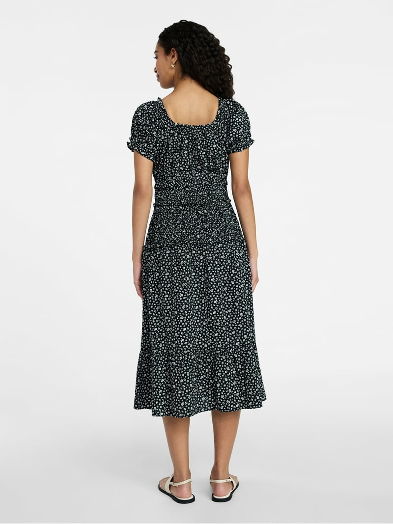 Time and Tru Women's Smocked Cotton Peasant Dress with Short Sleeves, Sizes Xs-xxxl, Size: Small, Black