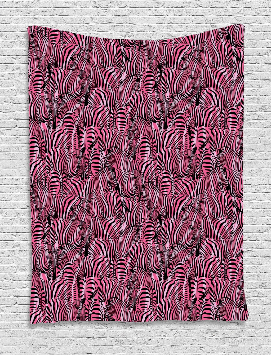 Pink Zebra Tapestry, Bunch of Zebra Forming Contemporary Primitive Pattern Illustration, Wall