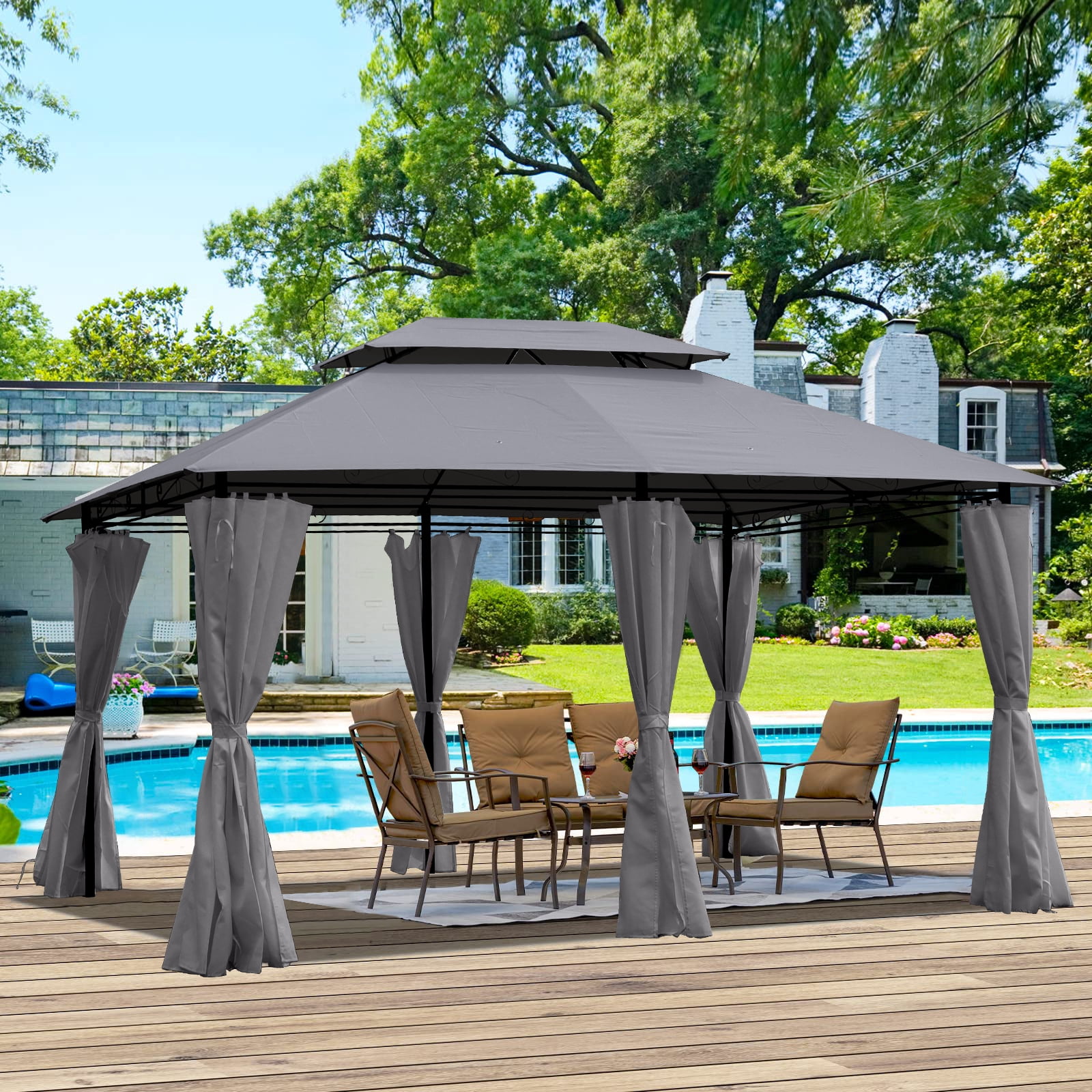 Outdoor Gazebo, 13x10 FT Ventilated Double Roof Shelter for Lawn Garden Backyard, Khaki