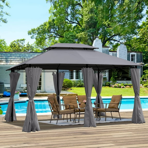 13x10 Outdoor Patio Gazebo Canopy Tent With Ventilated Double Roof And SideWall(Detachable Curtain Included On All Sides),Suitable for Lawn, Garden, Backyard and Deck-Gray