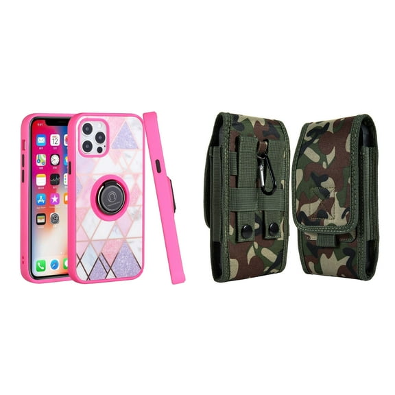 Bemz Ring Series Case for iPhone 14 (TPU Silicone Cover with Magnetic Stand) and Vertical Rugged Nylon Belt Holster Pouch (Pink on Purple Marble/Green Camo)
