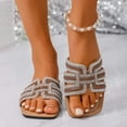 thumbnail image 2 of Flat Sandals for Women, Square Toe Solid Color Cloth Slides with Rhinestone-Encrusted Straps, Slip-On Design, Cushioned Footbed, Synthetic Material, Brown, 2 of 9
