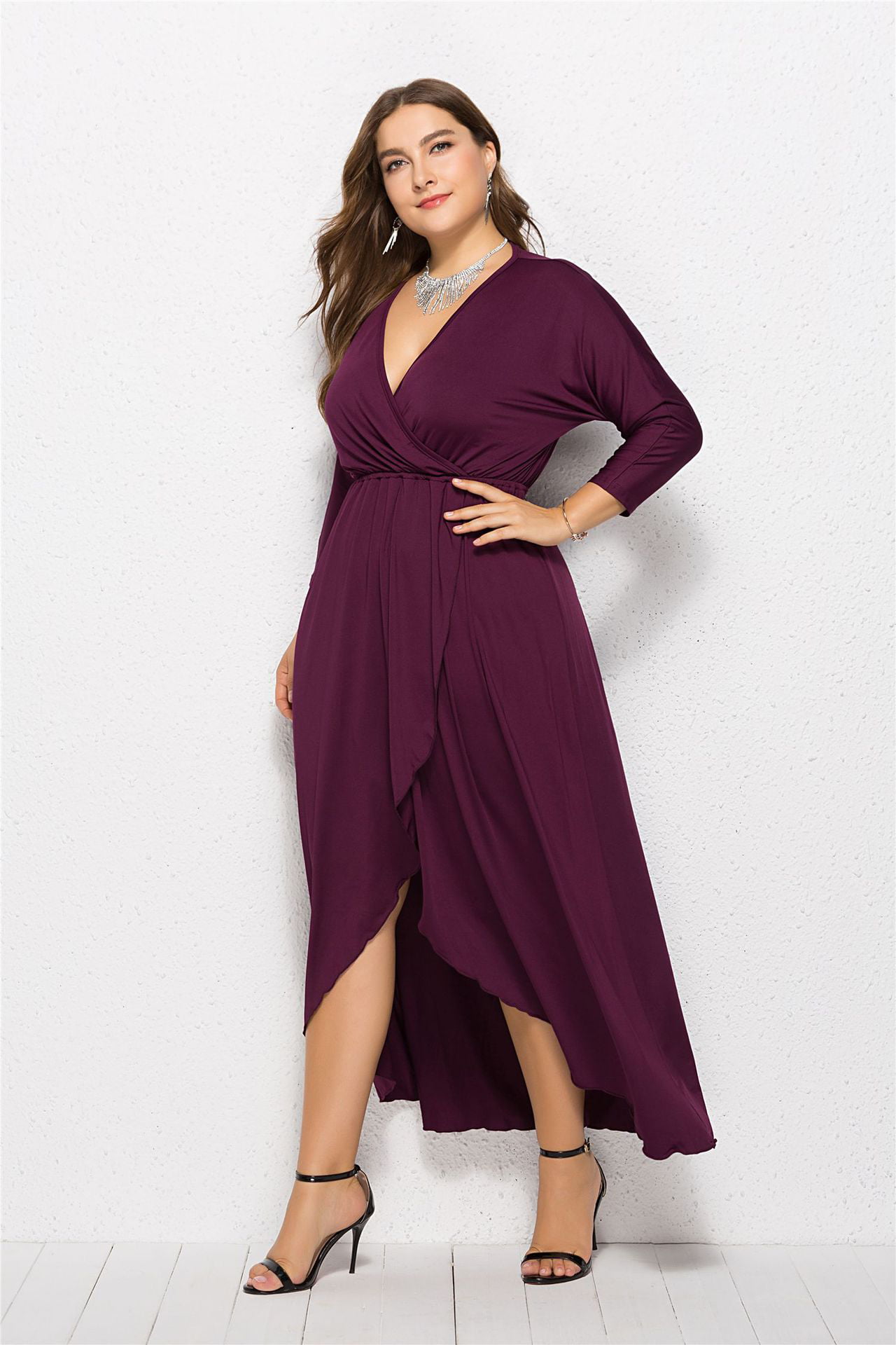 BeautyIn Women Plus Size Dress Long Sleeve V-Neck Loose Pack Hip Tunic  Winter Party Dresses 