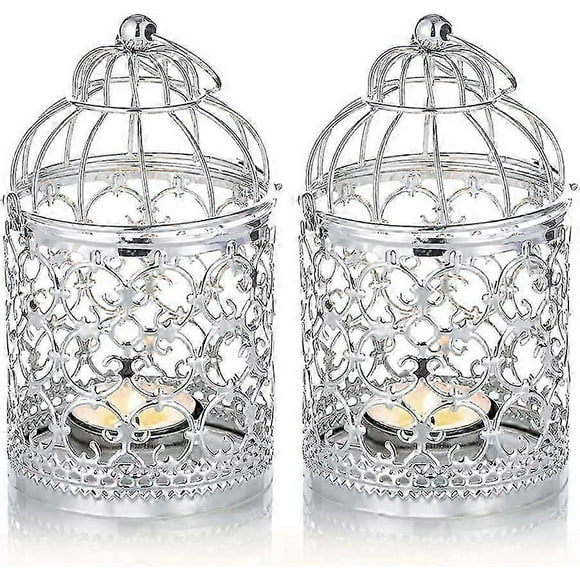 2 Pcs Decorative Lanterns Candle Holder Hanging , Silver