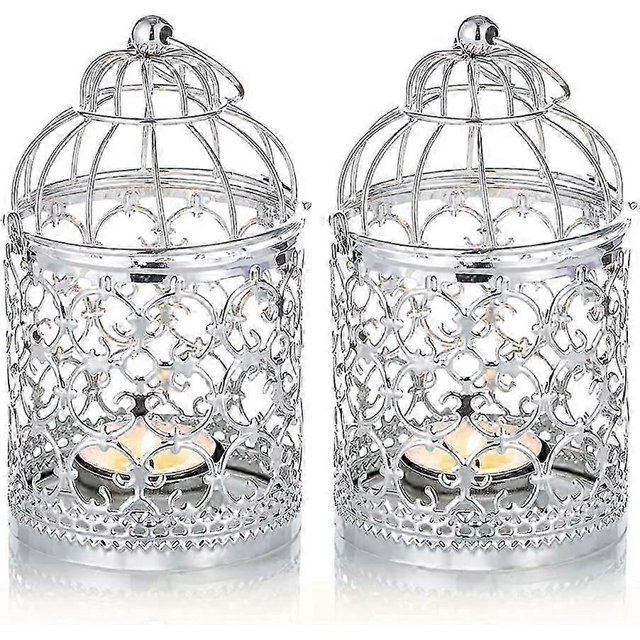 2 Pcs Decorative Lanterns Candle Holder Hanging , Silver