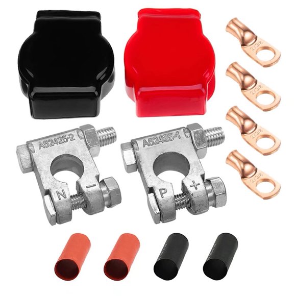 Ampper Kit de Poteaux Supérieurs de Terminal de Batterie Conforme aux Normes Militaires avec Couvercle, 4 Écrous en Cuivre et Rétrécissement Thermique pour Marine Voiture Bateau VR Véhicules et Plus (Kit)