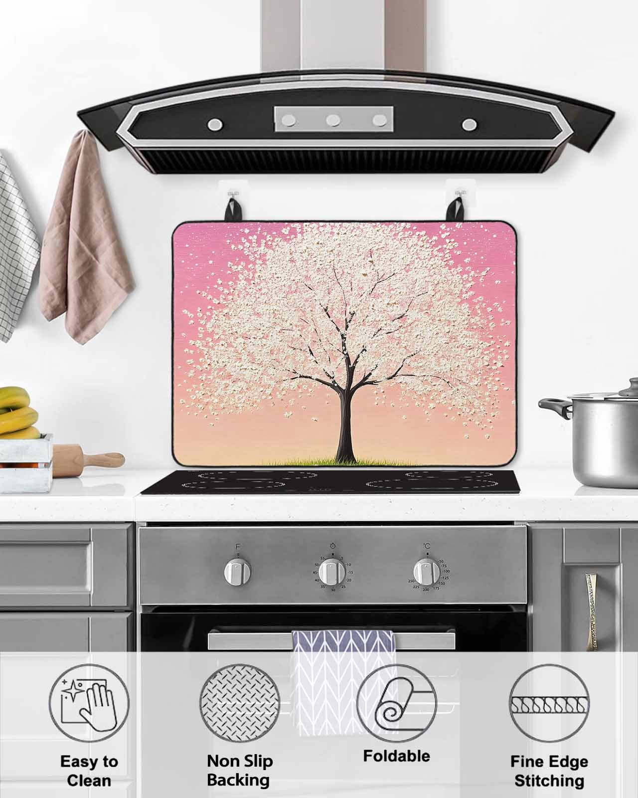 nqOlkjepod Large Induction Cooktop Protector Mat 24"x21", Cherry Blossom Stove Top Covers for Electric Stove, Leaves Pink Sky Retro Watercolor Art Stove Burner Cover Mats, Glass Top Stove Cover