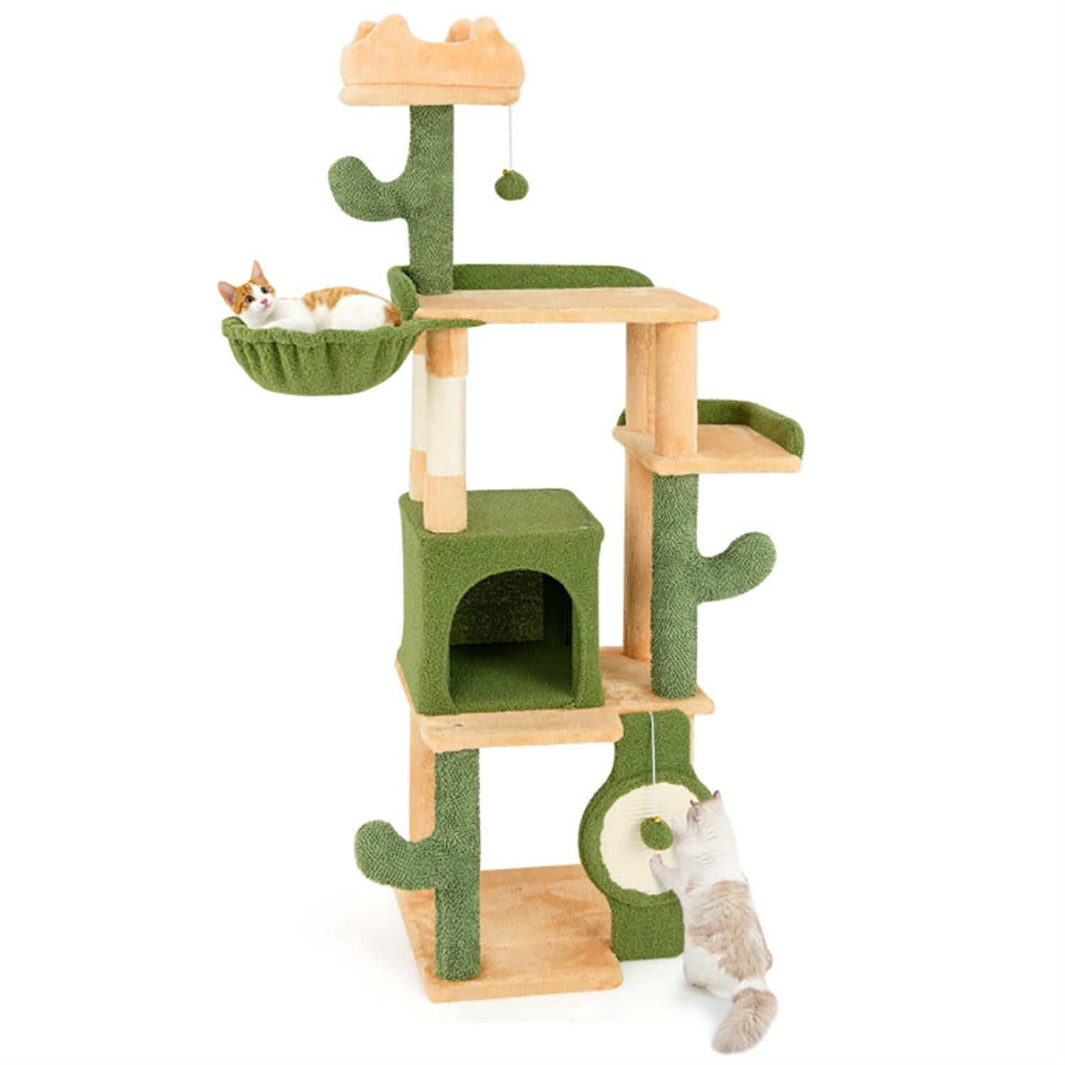 Kadyn 63" Cactus Cat Tree with Toy, Cat Tower Condo for Indoor Cats with Cozy Hammock, Sisal Scratching Posts and Board, Green