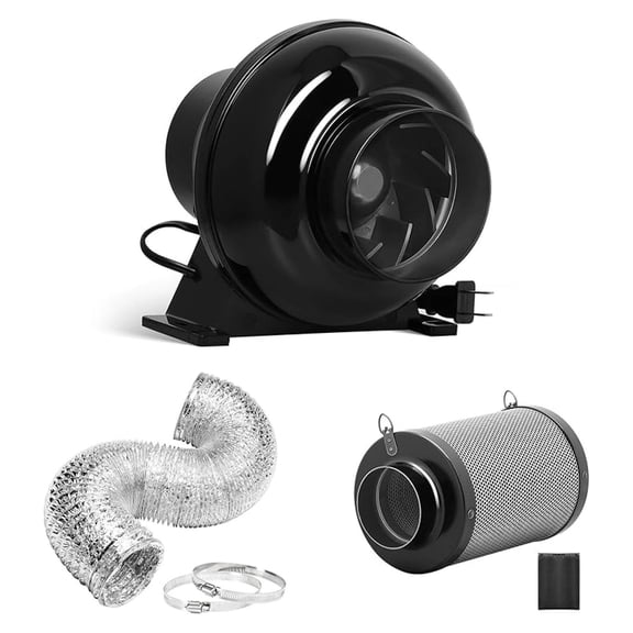 4 Inch 195 CFM Inline Fan Upgrade, Air Carbon Filter, 8 Feet Flexible Ducting and Rope Hanger, Ventilation Exhaust Blower Kits for Grow Tent, HVAC Heating Cooling