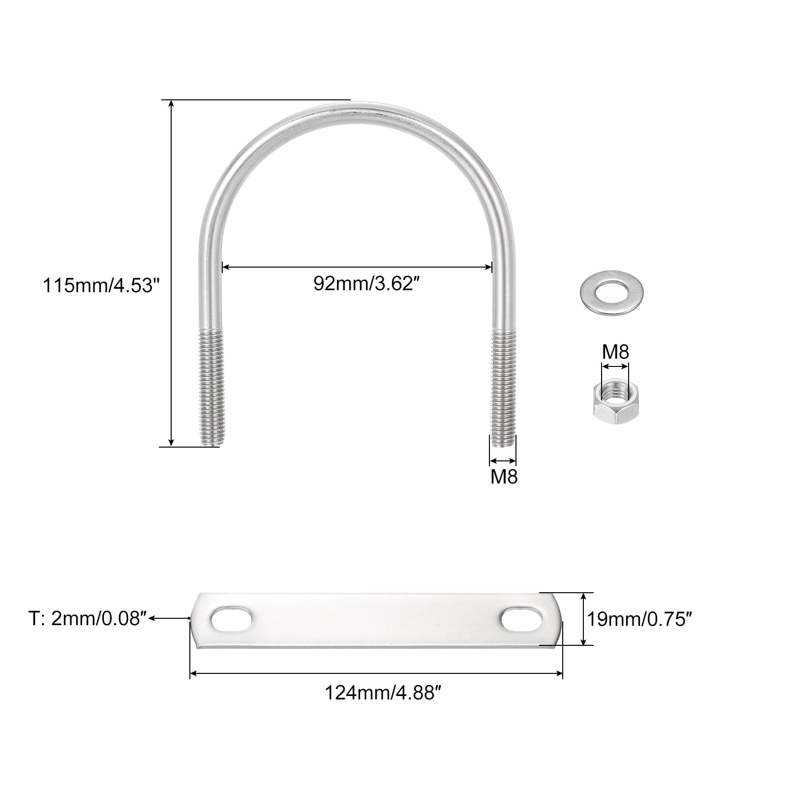 Round U-Bolts, 6 Sets 90mm(3.54") Inner Width 115mm Length M8 304 Stainless Steel U Clamp Bolt with Nuts and Plates