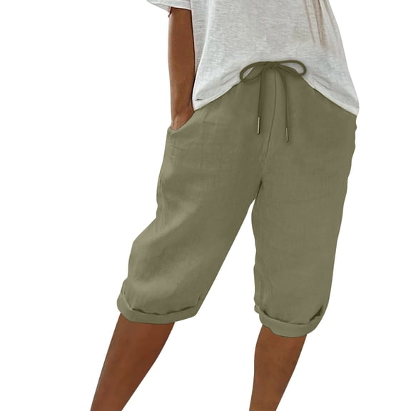 Bermuda Shorts for Women Length Drawstring Elastic Waist Linen Shorts Casual Summer Pedal Pushers with Pockets Army Green XL