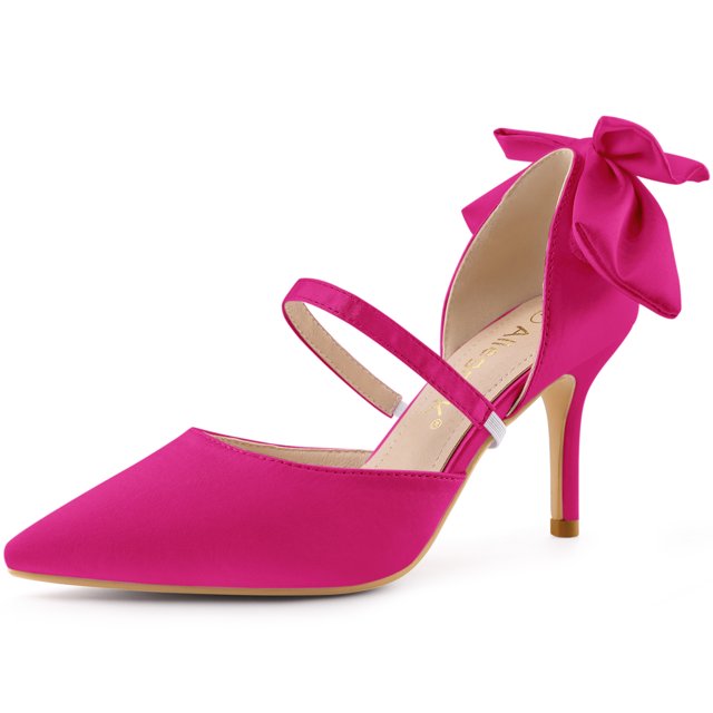 Zapatos de tacón de aguja con decoración de lazo y puntera en punta para mujer Rosa caliente 42.5