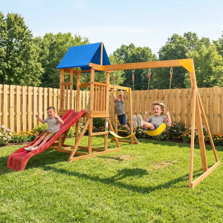 SuniBoxi Playground Sets for Backyard: Wooden Swing, Slide