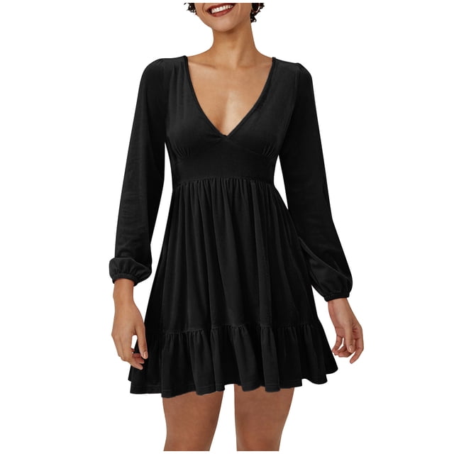 QIPOPIQ Robe à Manches Longues pour Femme à Col en V Robe Décontractée Robe à Col en V à Manches Longues Robe Longue à Taille Liquidation