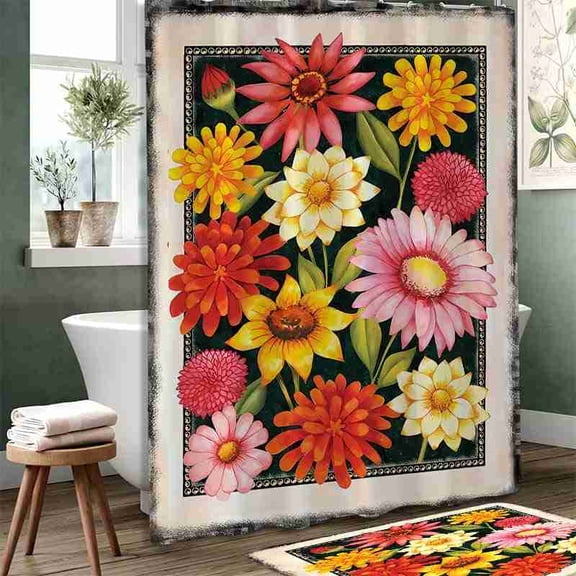 70x70 inch Vintage Framed Floral Tapestry Shower Curtain, Waterproof Polyester Fabric with Hooks for Bathroom Decor