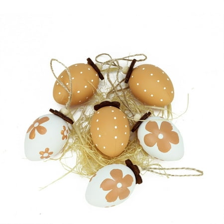 Set of 6 Natural Tone Decorative Painted Design Spring Easter Egg Ornaments