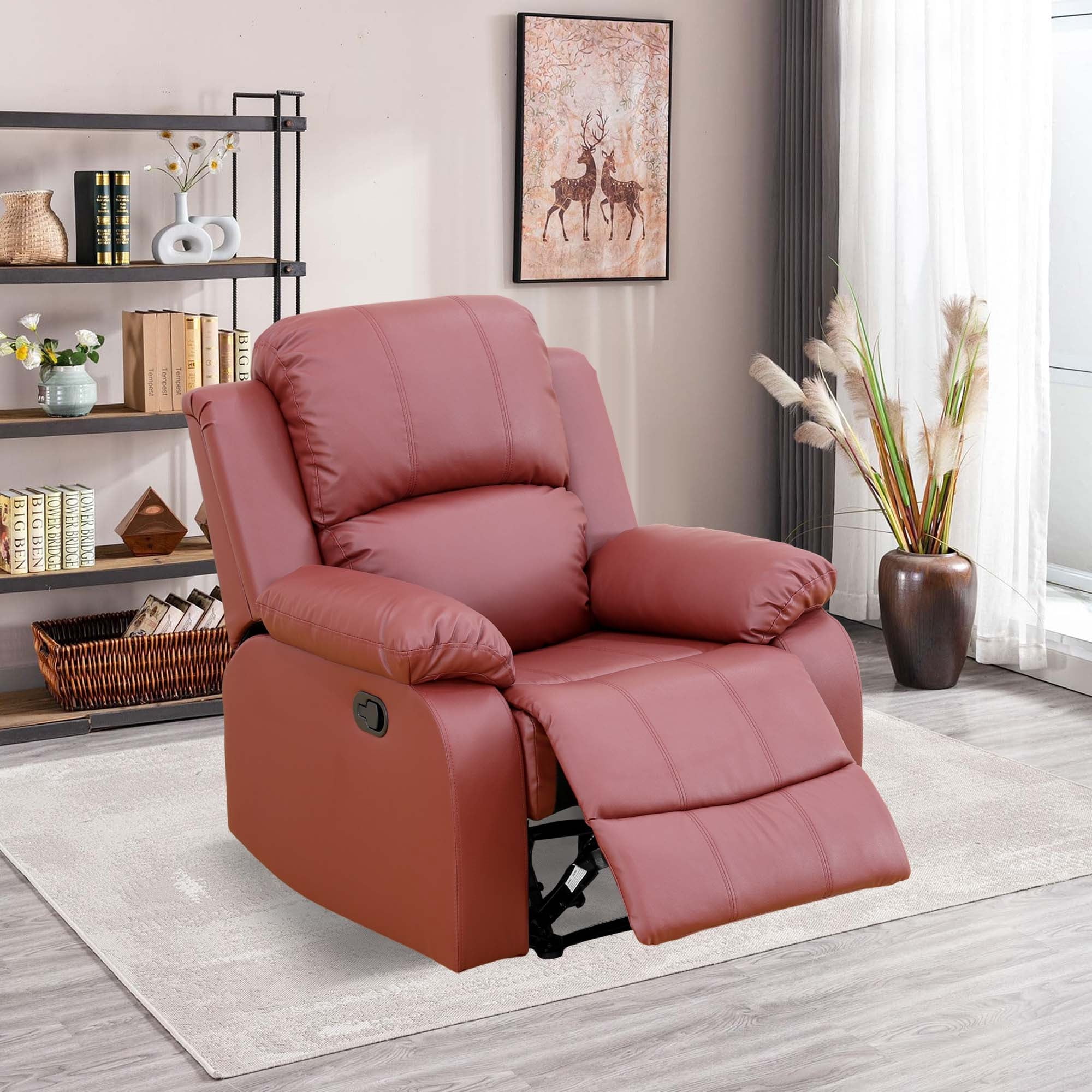 Aukfa Faux Leather Manual Recliner Chair Single Sofa Armchair for Living Room, Bedroom, Red