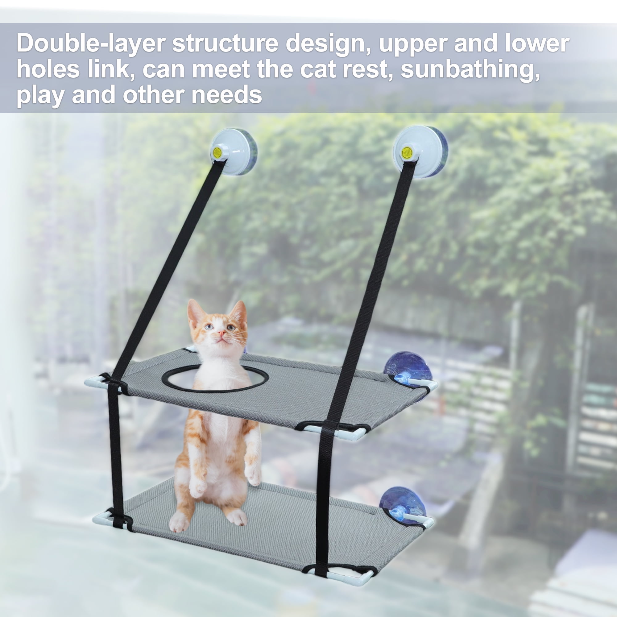 Unique Bargains Unique Bargains Cat Window Perch Double-Layer Cat Hammock Cat Window Hammock Cat Window Bed with Two Scratching Posts 20.08"x12.2"x11.02" Gray